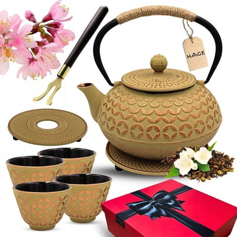 ⁨ZAPARZACZ ŻELIWNY DZBANEK JASNY ZŁOTY 900ml Z FILTREM i FILIŻANKAMI⁩ w sklepie Wasserman.eu