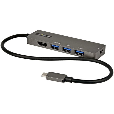 ⁨StarTech.com USB C Multiport Adapter - USB-C to HDMI 2.0b 4K 60Hz (HDR10), 100W Power Delivery Pass-Through, 4-Port USB 3.0 Hub - USB Type-C Mini Dock - 12" (30cm) Long Attached Cable⁩ at Wasserman.eu