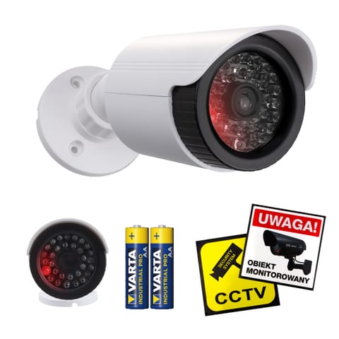 ⁨Atrapa kamery tubowej, diody IR LED, biała, zasilanie 2xAA, ABS, IR1800 W + baterie⁩ w sklepie Wasserman.eu