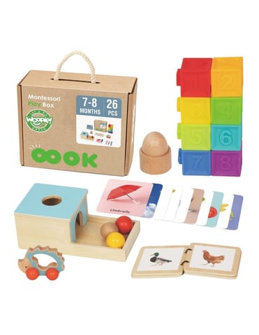 ⁨WOOPIE GREEN Box Pudełko XXL Montessori Edukacyjne 6w1 Sensoryczne 7-8 Miesięcy 26el. FSC⁩ w sklepie Wasserman.eu