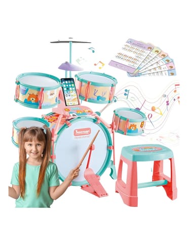 ⁨WOOPIE Perkusja Edukacyjna dla Dzieci 5 Bębnów 1 Talerz + Taboret z Motywem Zwierzątek⁩ w sklepie Wasserman.eu