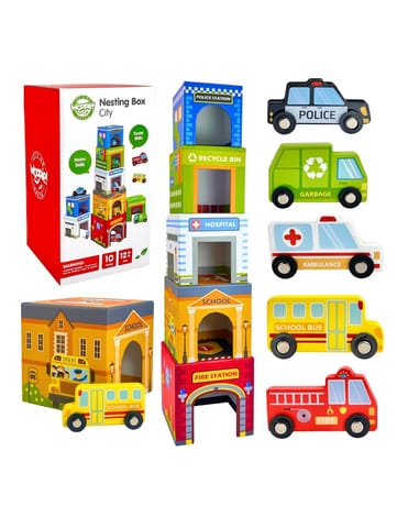 ⁨WOOPIE GREEN Układanka Kostki Miasto Pojazdy w Pudełkach + Figurki 10 el.⁩ w sklepie Wasserman.eu