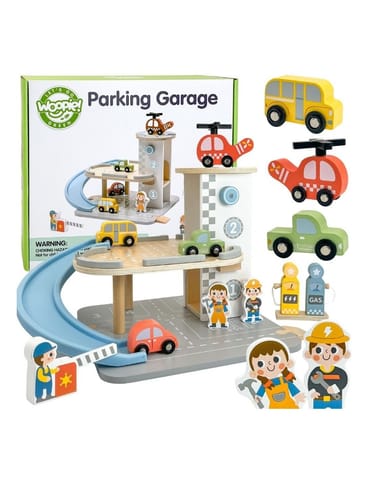 ⁨WOOPIE GREEN Drewniany Parking Piętrowy 2w1 Stacja Benzynowa z Autkami i Figurkami 12 el. FSC⁩ w sklepie Wasserman.eu