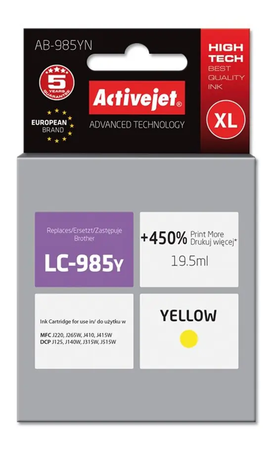 ⁨Activejet AB-985YN ink (replacement for Brother LC985Y; Supreme; 19.5 ml; yellow)⁩ at Wasserman.eu