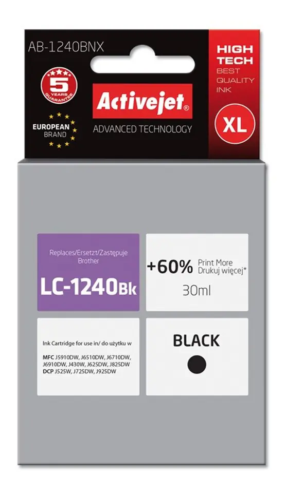 ⁨Tusz Activejet AB-1240BNX (zamiennik Brother LC1240BK/1220BK; Supreme; 30 ml; czarny)⁩ w sklepie Wasserman.eu