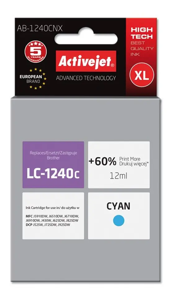 ⁨Activejet AB-1240CNX ink (replacement for Brother LC1220Bk/LC1240Bk; Supreme; 12 ml; cyan)⁩ at Wasserman.eu