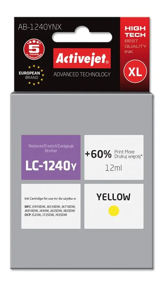 ⁨Tusz Activejet AB-1240YNX (zamiennik Brother LC1240Y/1220Y; Supreme; 12 ml; żółty)⁩ w sklepie Wasserman.eu