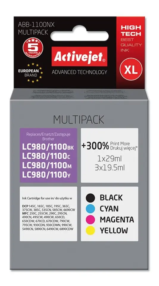 ⁨Activejet ABB-1100NX Ink cartridge (replacement for Brother LC1100/980; Supreme; 1 x 29 ml, 3 x 19.5 ml; black, magenta, cyan, yellow)⁩ at Wasserman.eu