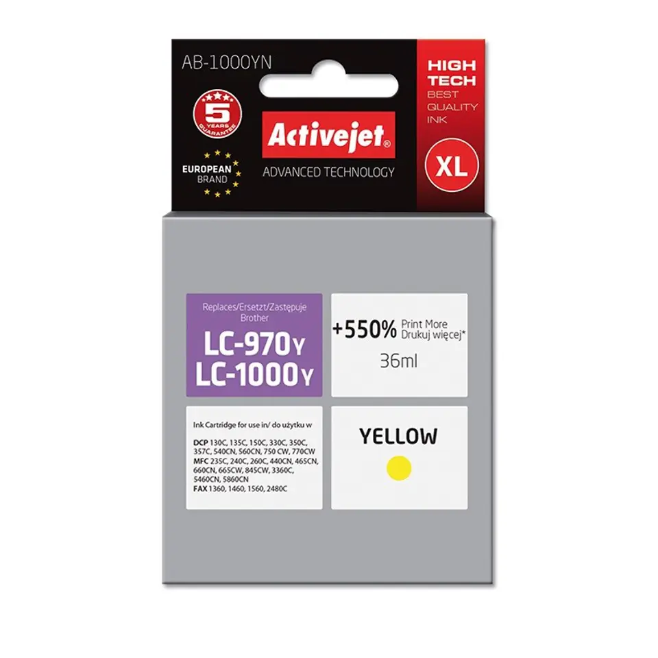 ⁨Activejet AB-1000YN ink (replacement for Brother LC1000/LC970Y; 35 ml; yellow)⁩ at Wasserman.eu