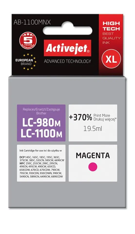 ⁨Activejet AB-1100MNX ink (replacement for Brother LC1100/LC980M; Supreme; 19.5 ml; magenta)⁩ at Wasserman.eu