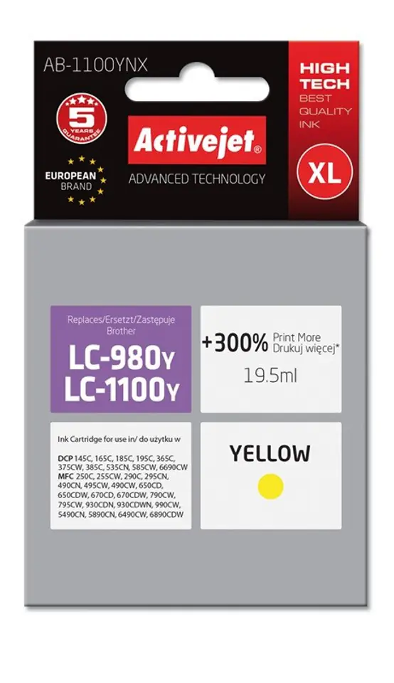 ⁨Activejet AB-1100YNX ink (replacement for Brother LC1100/LC980Y; Supreme; 19.5 ml; yellow)⁩ at Wasserman.eu