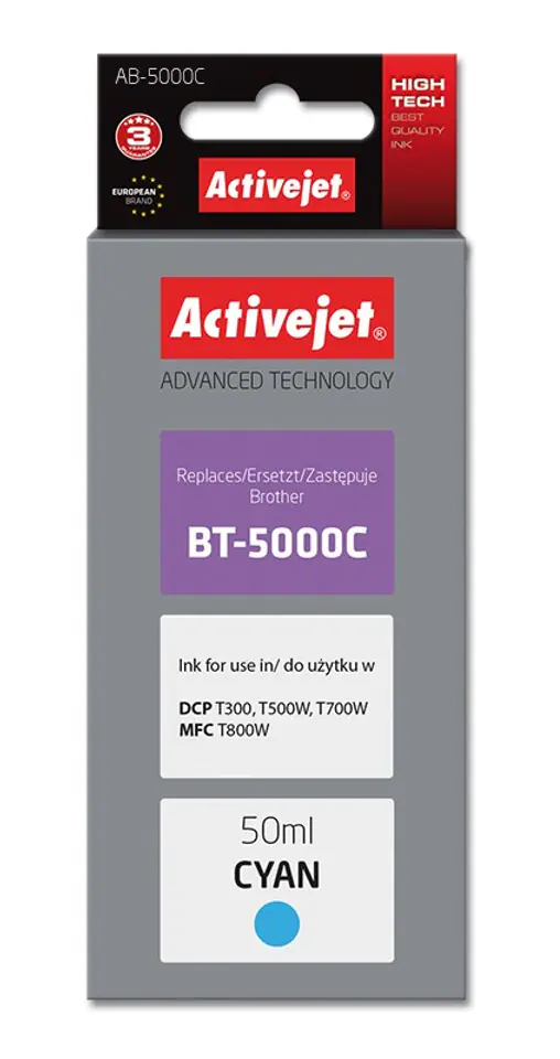 ⁨Activejet AB-5000C Ink Bottle (Replacement for Brother BT-5000C; Supreme; 50 ml; cyan)⁩ at Wasserman.eu