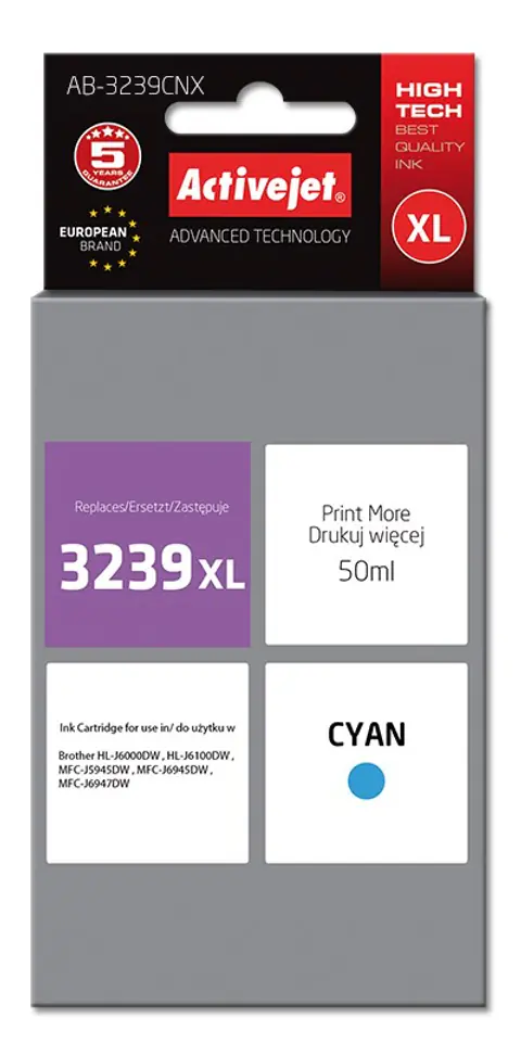 ⁨Activejet AB-3239CNX Ink cartridge (replacement for Brother LC3239XLC; Supreme; 50 ml; cyan)⁩ at Wasserman.eu
