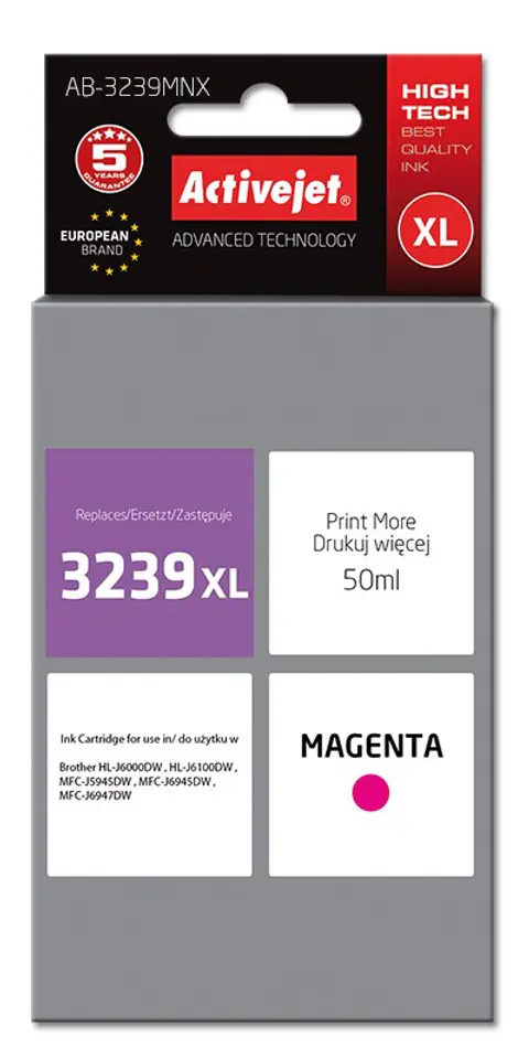 ⁨Activejet AB-3239MNX Ink cartridge (replacement for Brother LC3239XLM; Supreme; 50 ml; magenta)⁩ at Wasserman.eu