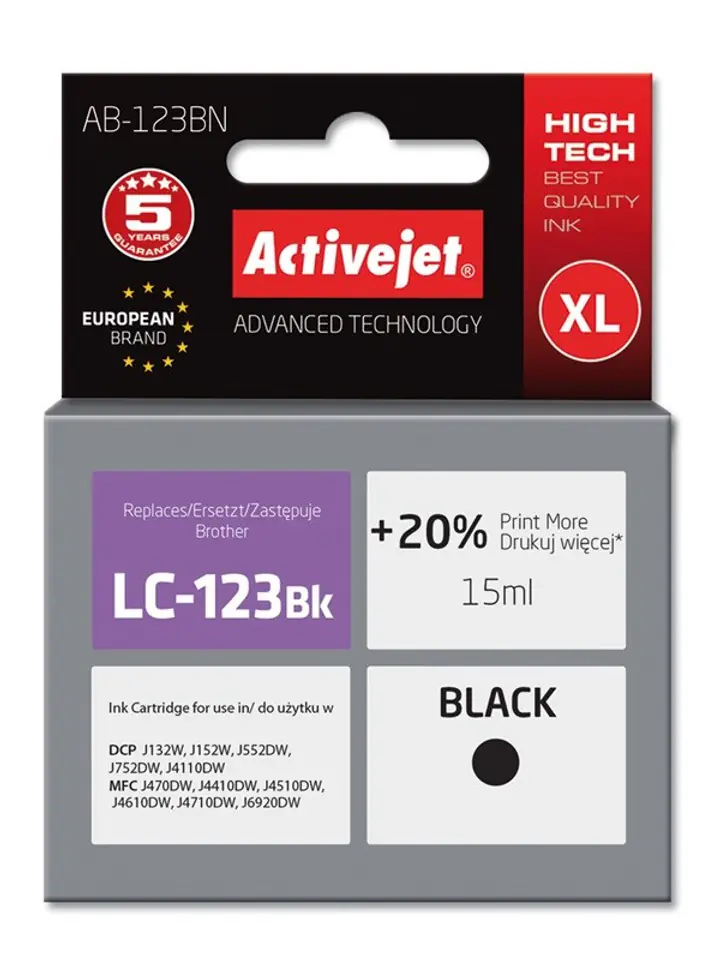 ⁨Activejet AB-123BN Tusz  (zamiennik Brother LC123BK/121BK; Supreme; 15 ml; czarny)⁩ w sklepie Wasserman.eu