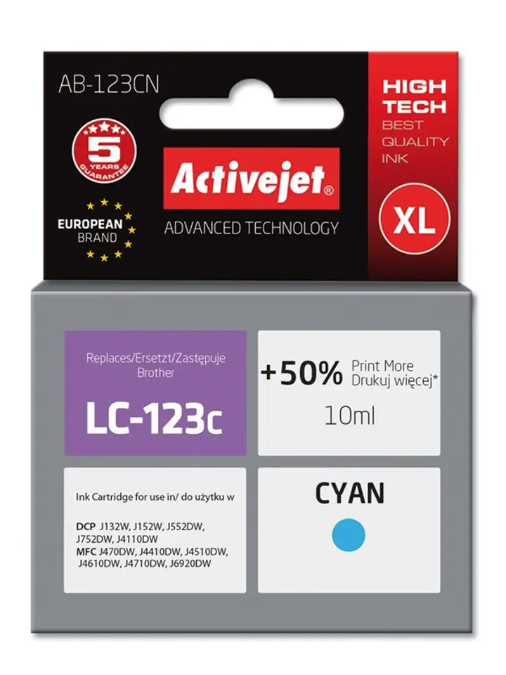 ⁨Activejet AB-123CN ink (replacement for Brother LC123C/LC121C; Supreme; 10 ml; cyan)⁩ at Wasserman.eu