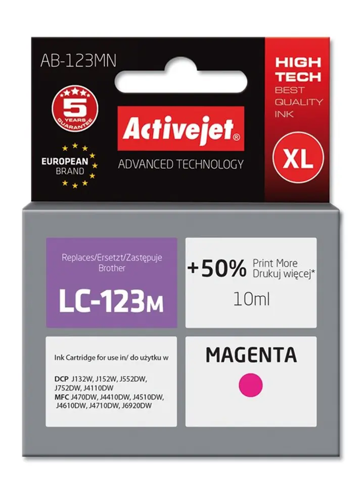 ⁨Activejet AB-123MN ink (replacement for Brother LC123M/LC121M; Supreme; 10 ml; magenta)⁩ at Wasserman.eu