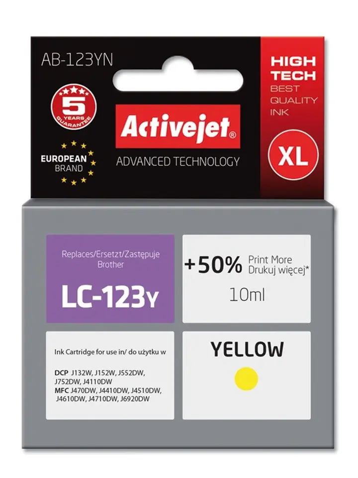 ⁨Activejet AB-123YN ink (replacement for Brother LC123Y/LC121Y; Supreme; 10 ml; yellow)⁩ at Wasserman.eu