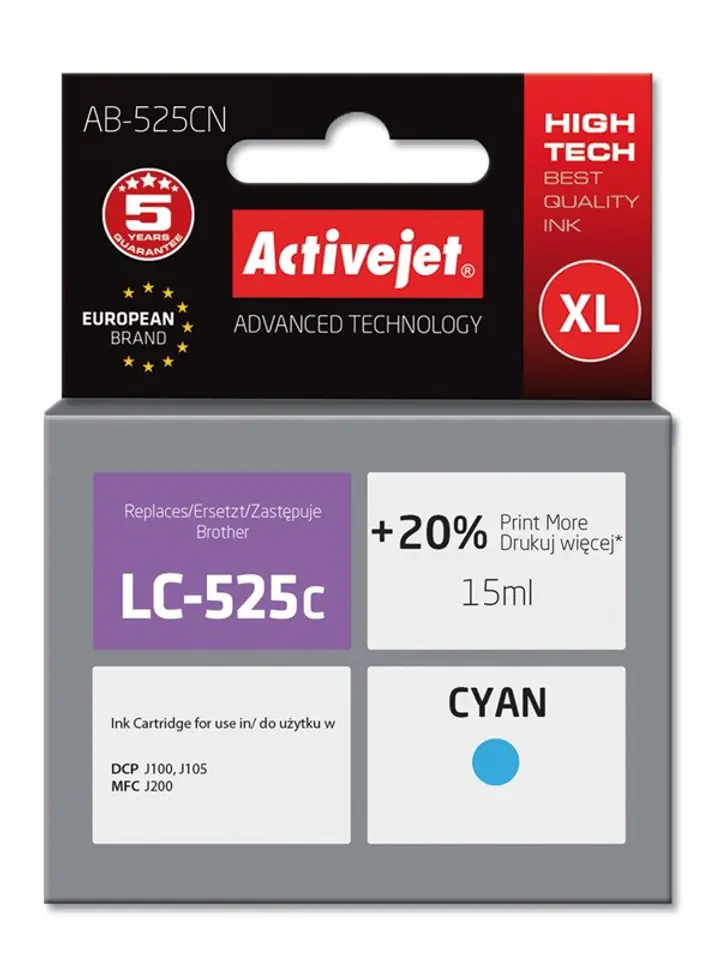 ⁨Activejet AB-525CN Ink (replacement for Brother LC525C; Supreme; 15 ml; cyan)⁩ at Wasserman.eu