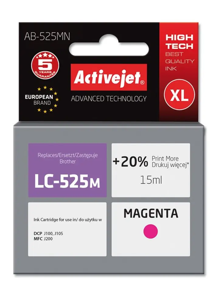 ⁨Activejet AB-525MN Tusz  (zamiennik Brother LC525M; Supreme; 15 ml; czerwony). Drukuje więcej o 20%.względem OEM.⁩ w sklepie Wasserman.eu