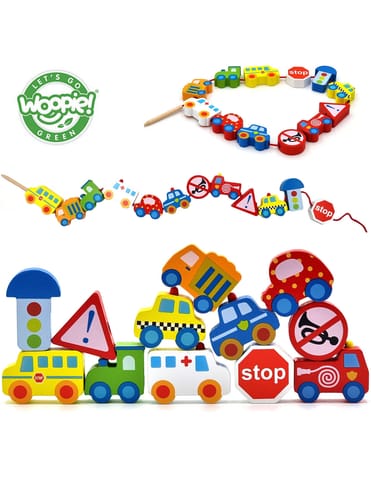 ⁨WOOPIE GREEN Drewniane Klocki do Nawlekania Pojazdy Samochody 13 el.⁩ w sklepie Wasserman.eu