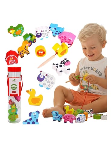 ⁨WOOPIE GREEN Drewniane Klocki do Nawlekania Zwierzęta Farma 13 el.⁩ w sklepie Wasserman.eu