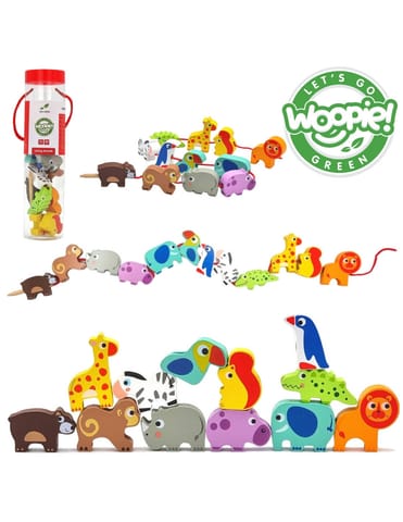 ⁨WOOPIE GREEN Drewniane Klocki do Nawlekania Zwierzęta Safari ZOO 13 el.⁩ w sklepie Wasserman.eu