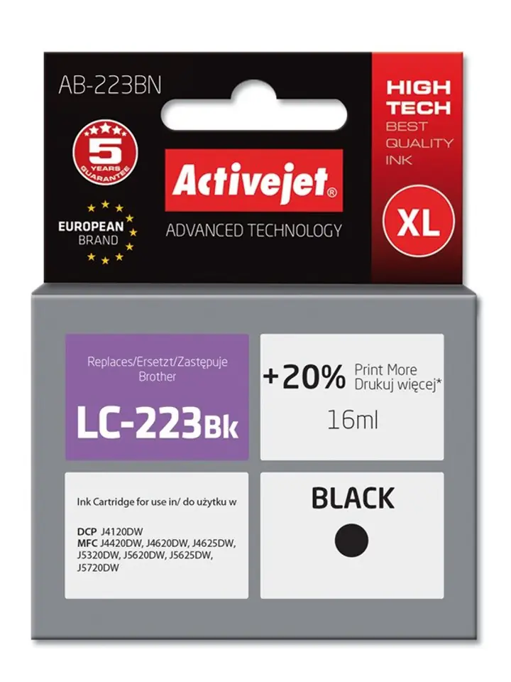⁨Activejet AB-223BN Tusz (zamiennik Brother LC223BK; Supreme; 16 ml; czarny)⁩ w sklepie Wasserman.eu