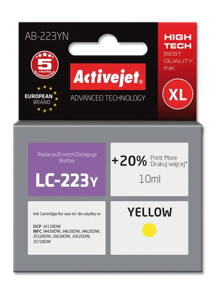 ⁨Activejet AB-223YN Ink (replacement for Brother LC223Y; Supreme; 10 ml; yellow)⁩ at Wasserman.eu