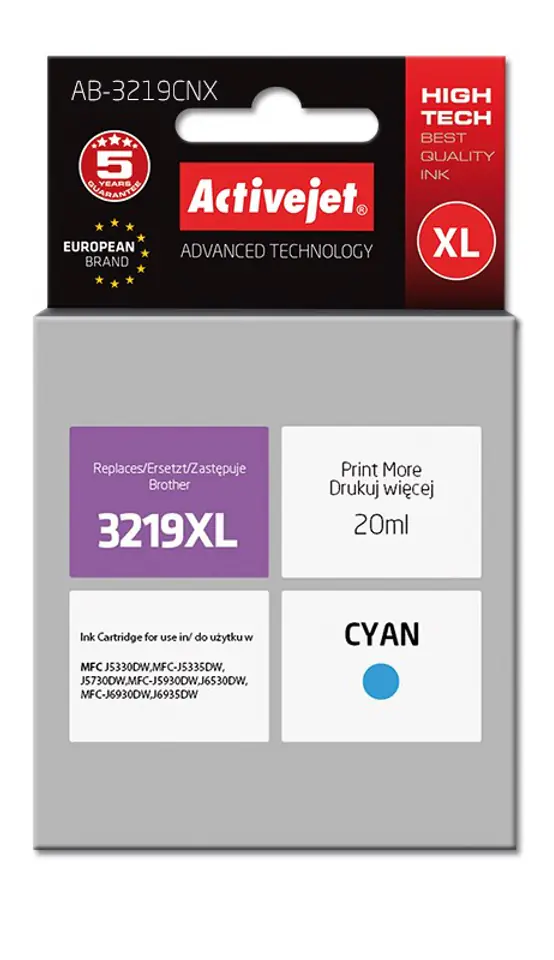 ⁨Activejet AB-3219CNX Ink cartridge (replacement for Brother LC3219C XL; Supreme; 20 ml; cyan)⁩ at Wasserman.eu