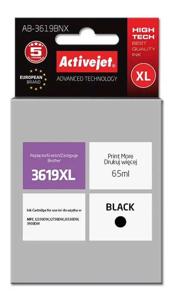 ⁨Activejet AB-3619BNX ink (replacement for Brother LC3619Bk XL; Supreme; 65 ml; black)⁩ at Wasserman.eu