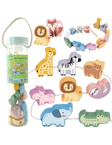 ⁨WOOPIE GREEN Drewniana Nawlekanka Klocki Przeplatanka ZOO Montessori 13 el.⁩ w sklepie Wasserman.eu