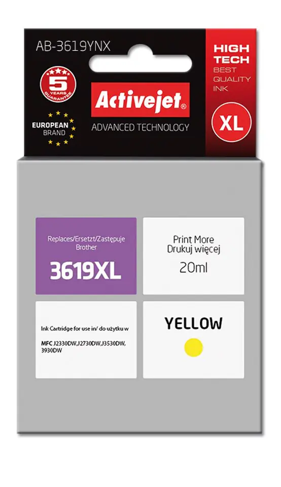 ⁨Activejet AB-3619YNX Ink cartridge (replacement for Brother LC3619Y XL; Supreme; 20 ml; yellow)⁩ at Wasserman.eu