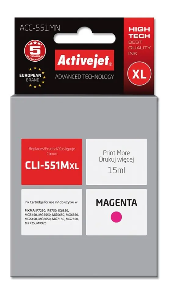 ⁨Activejet ACC-551MN Tusz (zamiennik Canon CLI-551M; Supreme; 15 ml; czerwony)⁩ w sklepie Wasserman.eu