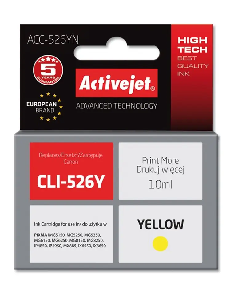 ⁨Tusz Activejet ACC-526YN (zamiennik Canon CLI-526Y; Supreme; 10 ml; żółty)⁩ w sklepie Wasserman.eu