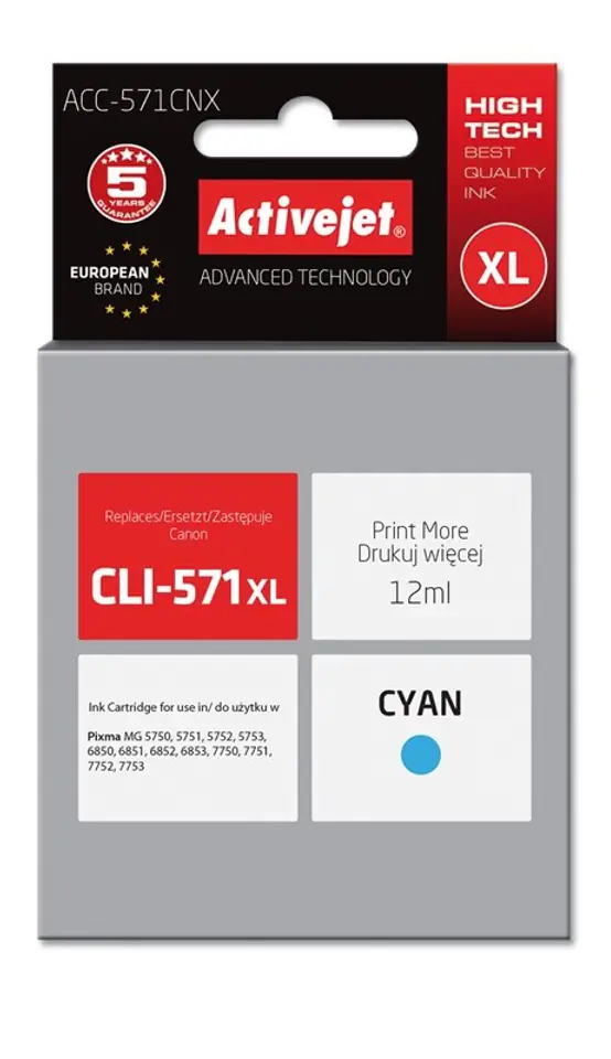 ⁨Activejet ACC-571CNX Ink cartridge (replacement for Canon CLI-571XLC; Supreme; 12 ml; cyan)⁩ at Wasserman.eu