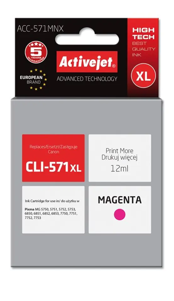 ⁨Activejet ACC-571MNX Ink cartridge (replacement for Canon CLI-571XLM; Supreme; 12 ml; magenta)⁩ at Wasserman.eu