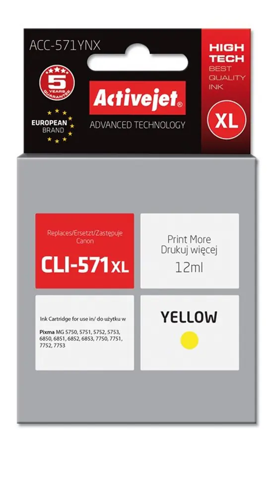 ⁨Activejet ACC-571YNX Tusz (zamiennik Canon CLI-571XLY; Supreme; 12 ml; żółty)⁩ w sklepie Wasserman.eu