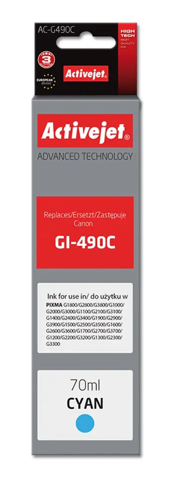 ⁨Activejet AC-G490C Ink cartridge (replacement for Canon GI-490C; Supreme; 70 ml; 7000 pages, cyan)⁩ at Wasserman.eu