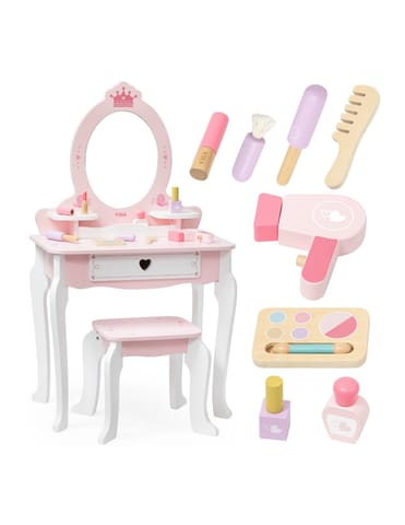 ⁨VIGA Duża Toaletka Drewniana Biało-Różowa z Lustrem i Krzesełkiem⁩ w sklepie Wasserman.eu