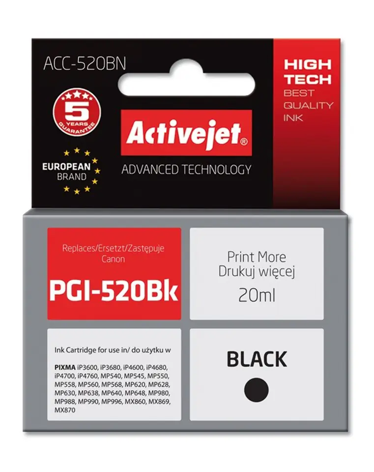 ⁨Activejet ACC-520BN Tusz (zamiennik Canon PGI-520BK; Supreme; 20 ml; czarny)⁩ w sklepie Wasserman.eu