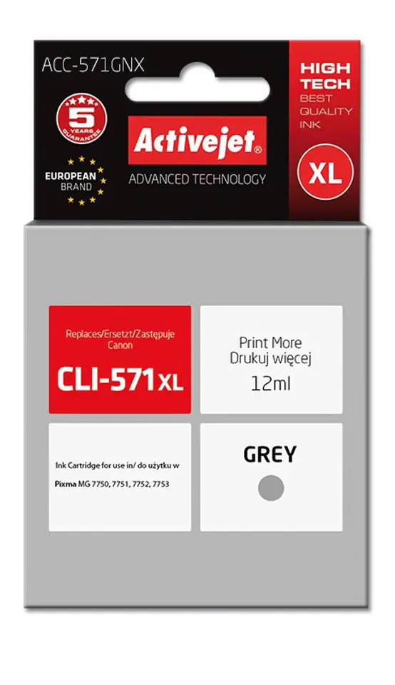 ⁨Activejet ACC-571GNX Tusz (zamiennik Canon CLI-571XLG; Supreme; 12 ml; szary)⁩ w sklepie Wasserman.eu