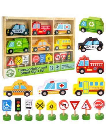 ⁨WOOPIE GREEN Zestaw Drewnianych Pojazdów i Znaków Drogowych 15 el.⁩ w sklepie Wasserman.eu