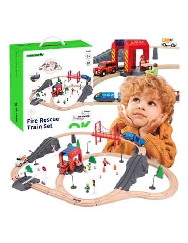 ⁨Tooky Toy Drewniana Kolejka Elektryczna Straż Pożarna Efekty Dźwiękowe 70 el. FSC⁩ w sklepie Wasserman.eu