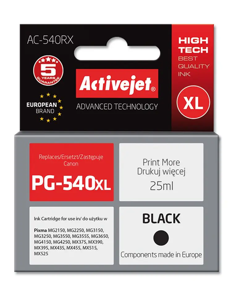 ⁨Activejet AC-540RX Ink cartridge (replacement for Canon PG-540XL; Premium; 25 ml; 700 pages, black)⁩ at Wasserman.eu