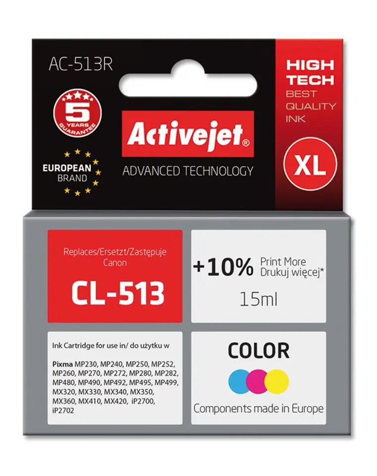 ⁨Activejet AC-513R Ink cartridge (replacement for Canon CL-513; Premium; 15 ml; color)⁩ at Wasserman.eu