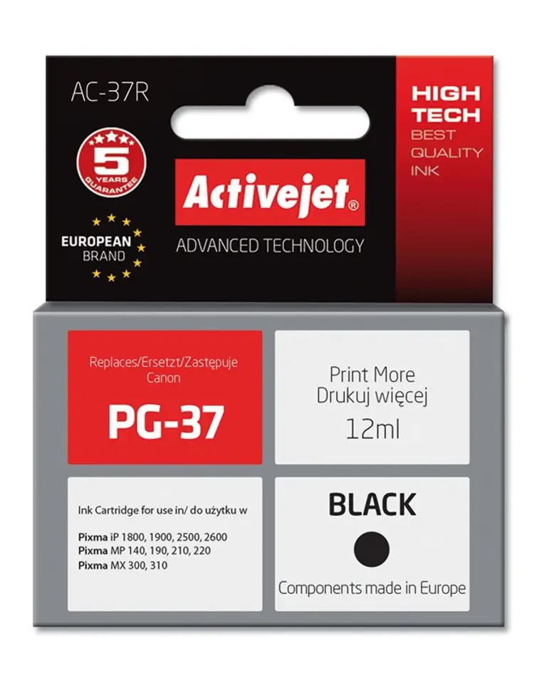 ⁨Activejet AC-37R Ink cartridge (replacement for Canon PG-37; Premium; 12 ml; black)⁩ at Wasserman.eu