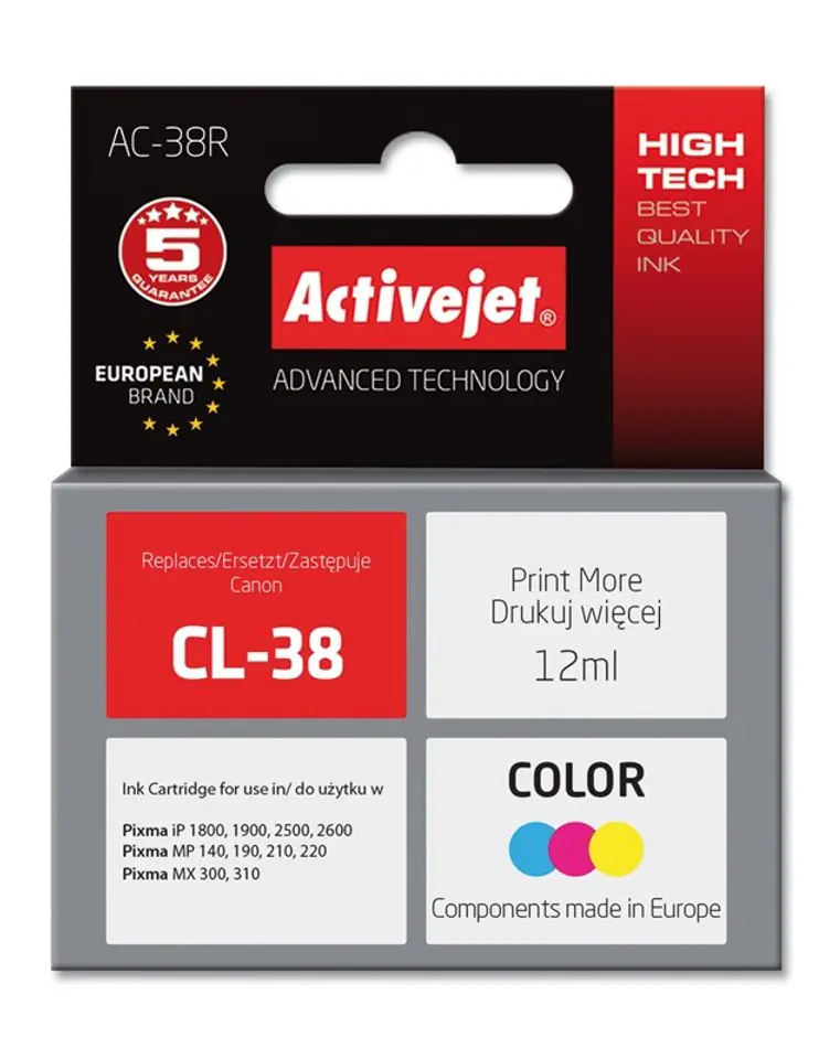 ⁨Activejet AC-38R Ink cartridge (replacement for Canon CL-38; Premium; 12 ml; color)⁩ at Wasserman.eu