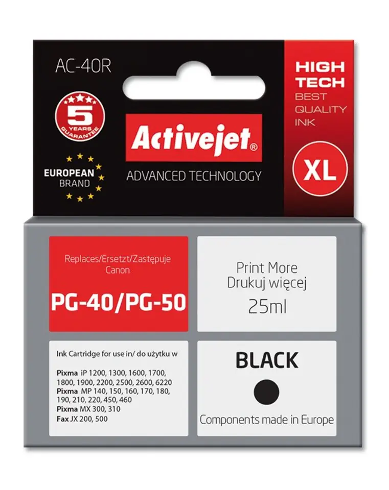 ⁨Activejet AC-40R Ink cartridge (replacement for Canon PG-40; Premium; 25 ml; black)⁩ at Wasserman.eu