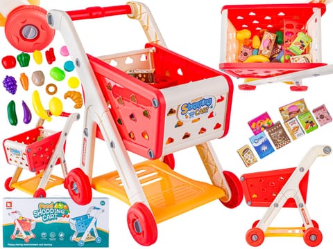 ⁨Wózek Na Zakupy CZERWONY Koszyk Sklepowy + Akcesoria Owoce Warzywa Supermarket⁩ w sklepie Wasserman.eu